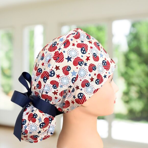 Premium American Hearts 4th July~ Ponytail Scrub Cap, RN, OR, CNA, MD, gift! - Picture 2 of 5